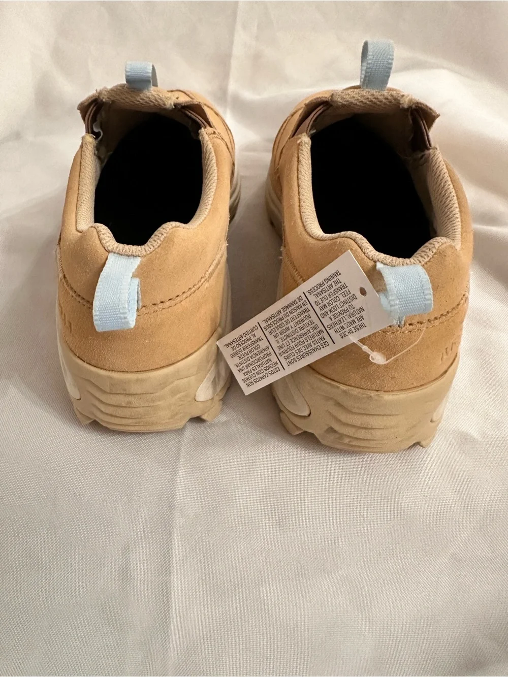 Merrell Women's Slip-On Sneakers in Tan with Light Blue Pull Tabs